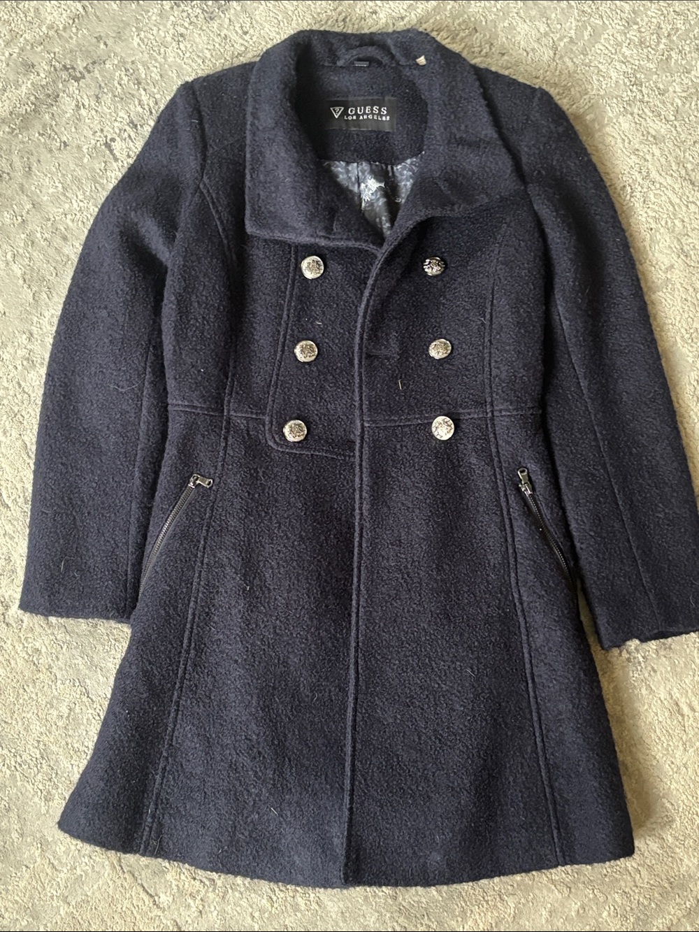 GUESS Women’s Navy Double-Breasted Peacoat